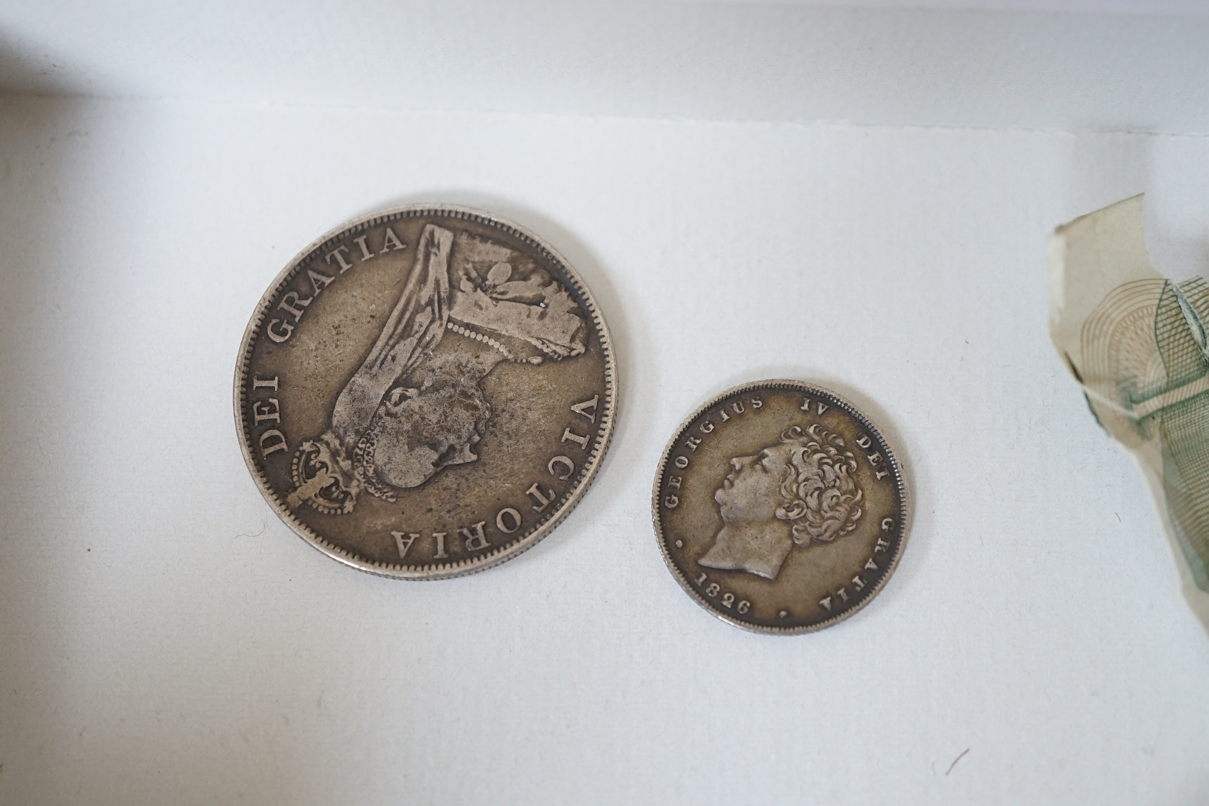 British silver coins, Victoria Maundy coin set, 1d - 4d, 1901, UNC, cased, 1895 crown, good fine, 1889 double florin, 1887 halfcrown, George IV shilling 1826, George V Crown, 1928, good VF, toned, and other various coins